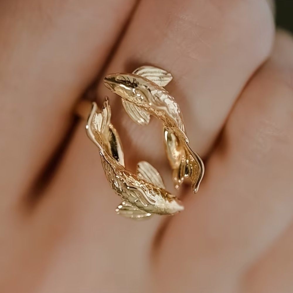 Unique Double Gold Koi Fish Ring. Adjustable Stylish open Ring 🐠 (A0-11) - Picture 3 of 9